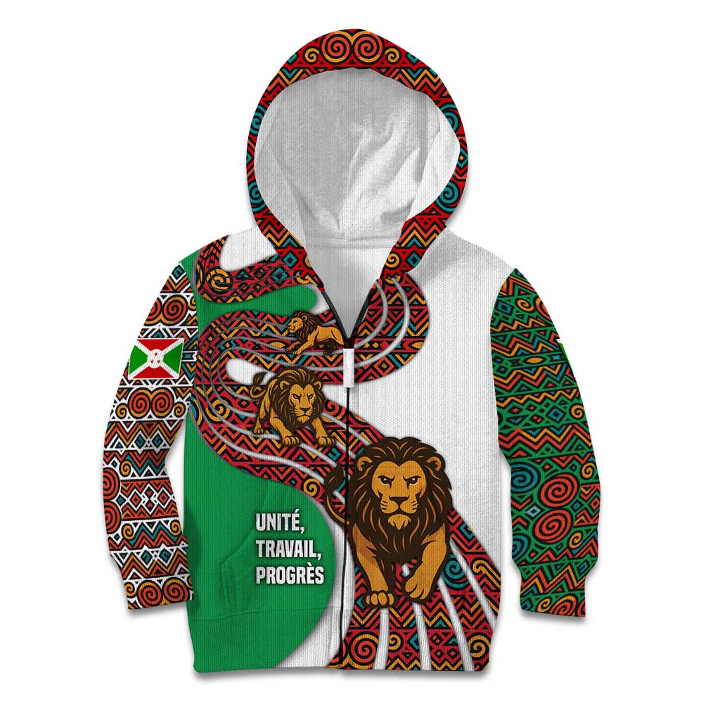 Burundi Lion Tribal Pattern Kid Hoodie with National Motto Unité Travail Progrès