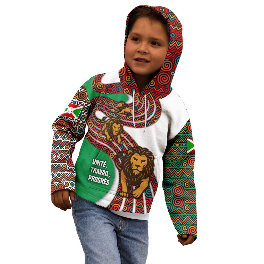 Burundi Lion Tribal Pattern Kid Hoodie with National Motto Unité Travail Progrès