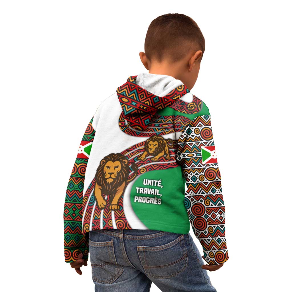 Burundi Lion Tribal Pattern Kid Hoodie with National Motto Unité Travail Progrès