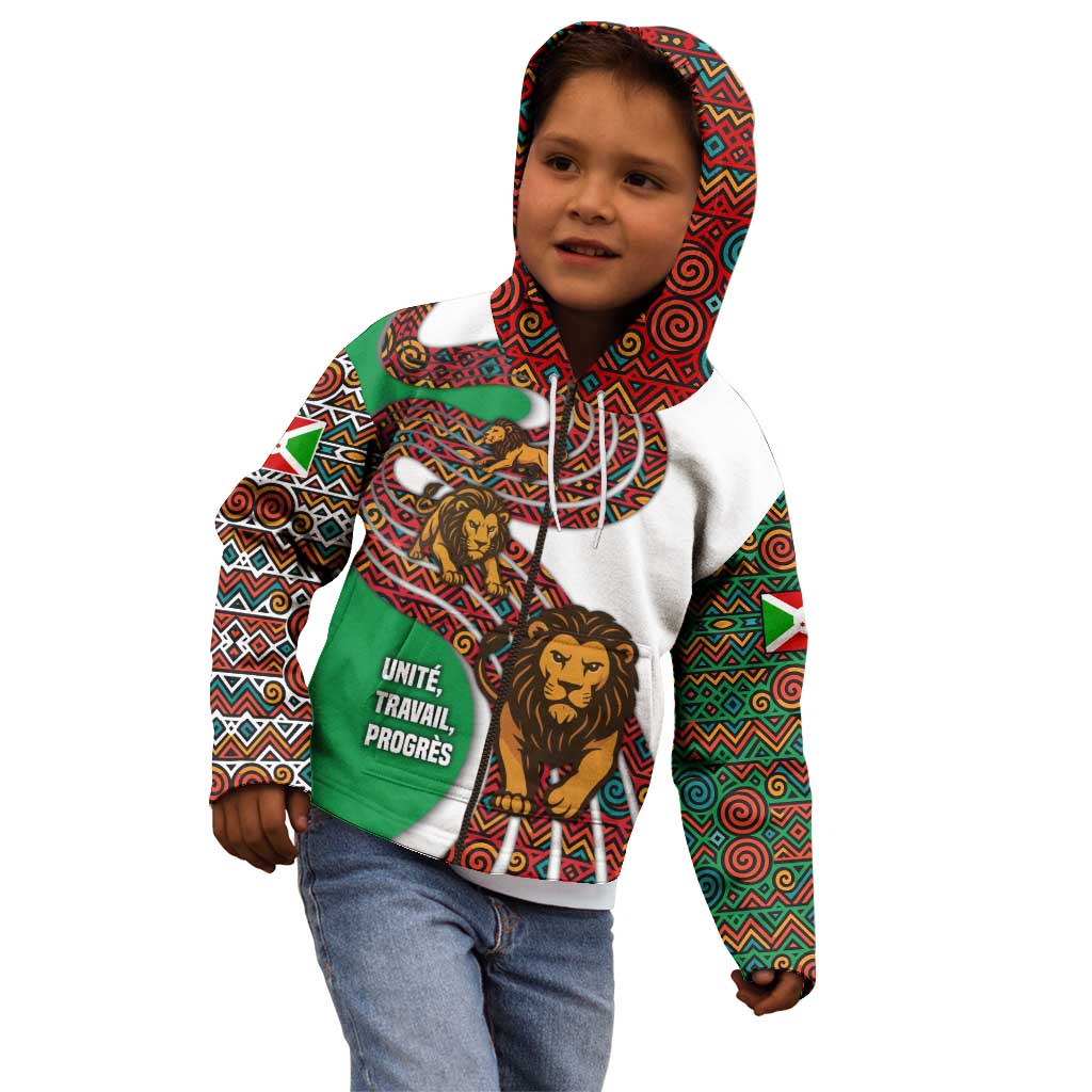 Burundi Lion Tribal Pattern Kid Hoodie with National Motto Unité Travail Progrès