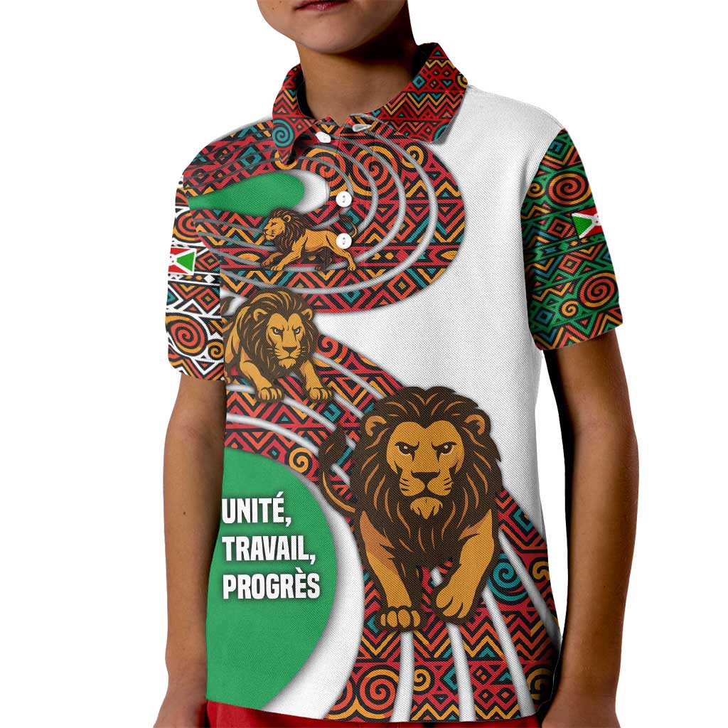 Burundi Lion Tribal Pattern Kid Polo Shirt with National Motto Unité Travail Progrès
