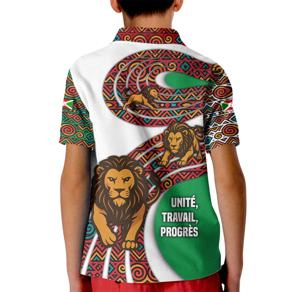 Burundi Lion Tribal Pattern Kid Polo Shirt with National Motto Unité Travail Progrès