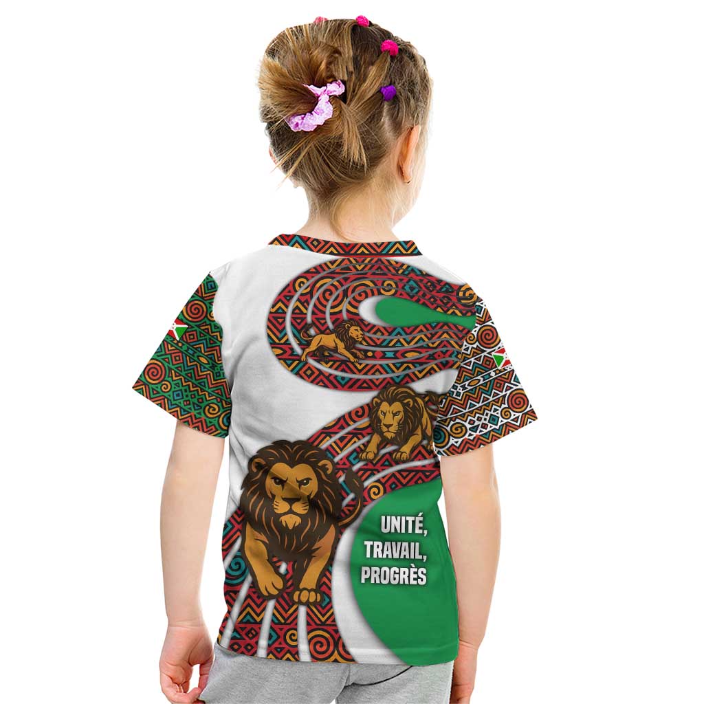 Burundi Lion Tribal Pattern Kid T Shirt with National Motto Unité Travail Progrès
