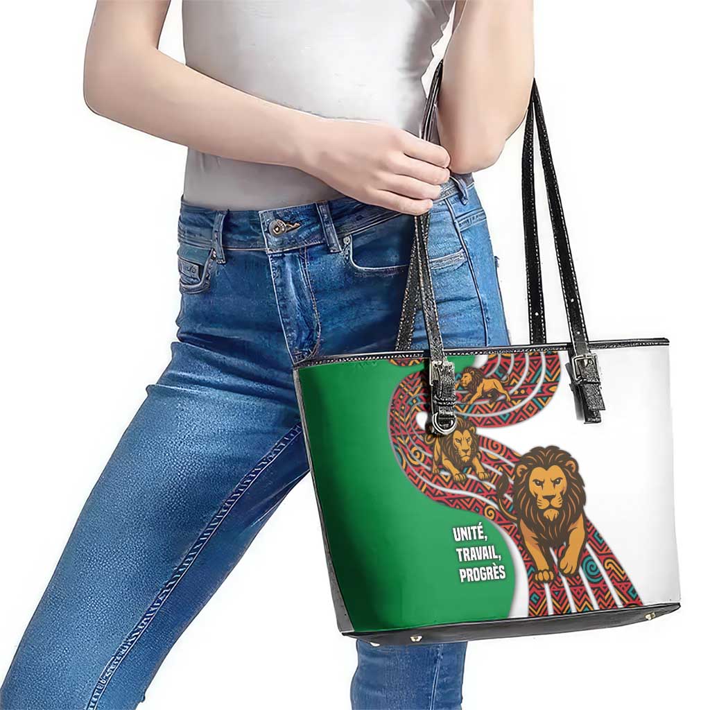 Burundi Lion Tribal Pattern Leather Tote Bag with National Motto Unité Travail Progrès