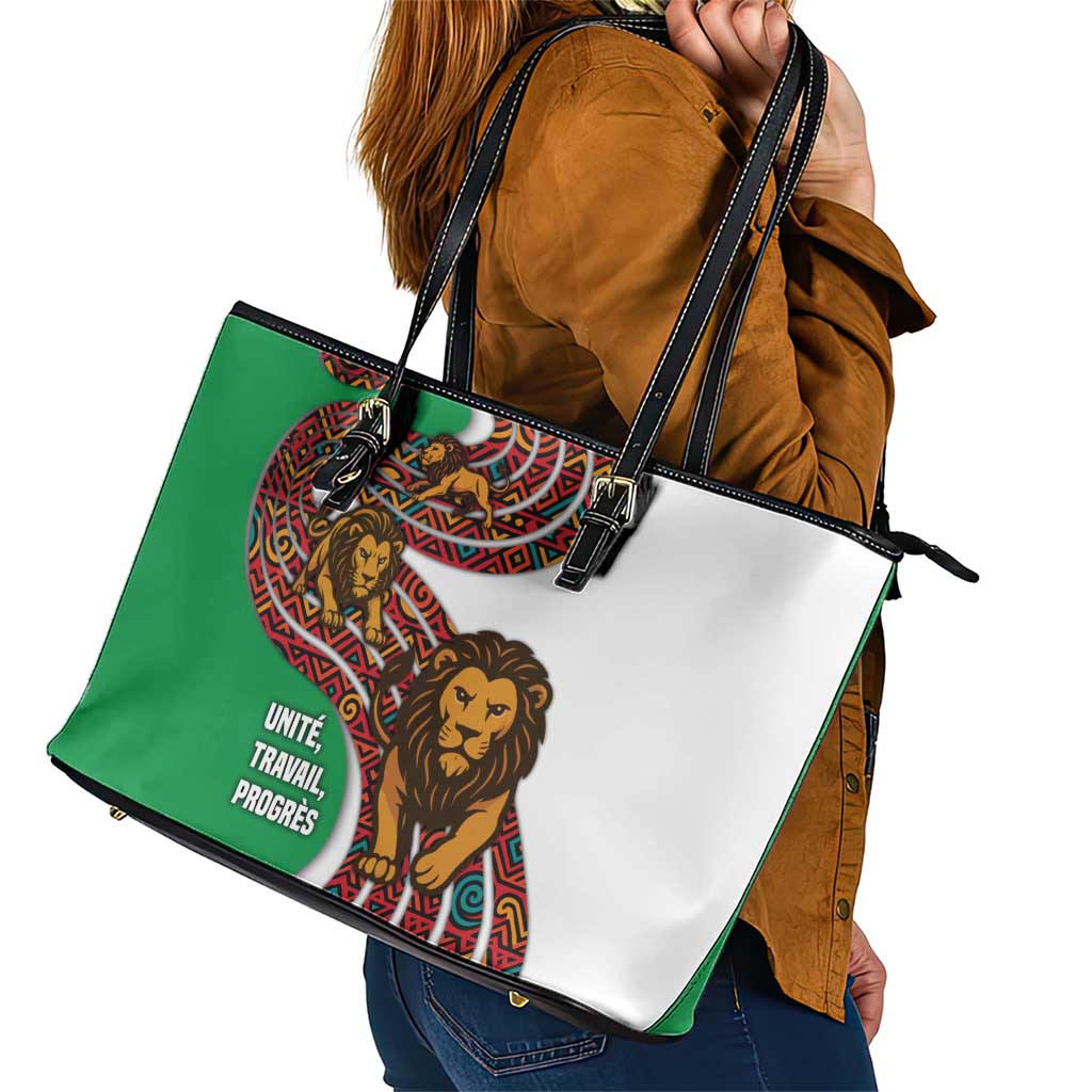 Burundi Lion Tribal Pattern Leather Tote Bag with National Motto Unité Travail Progrès