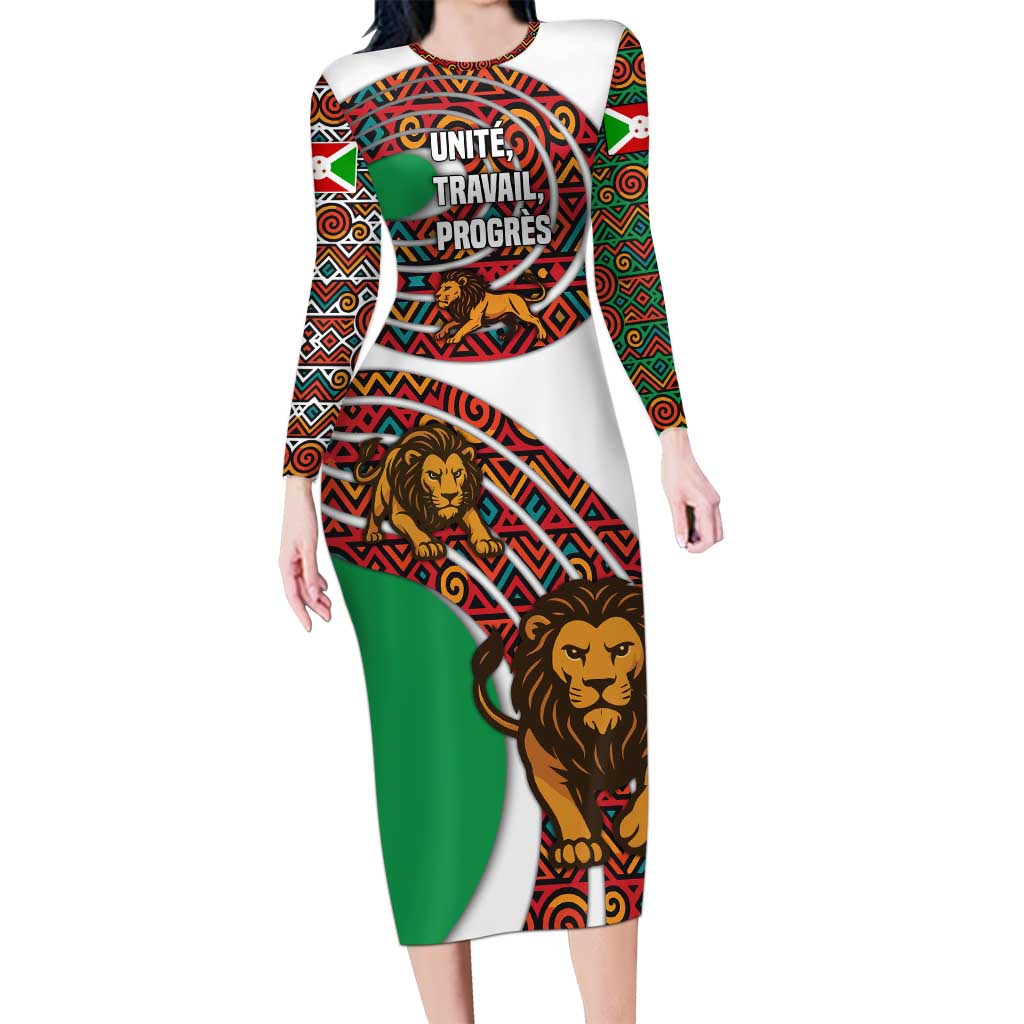Burundi Lion Tribal Pattern Long Sleeve Bodycon Dress with National Motto Unité Travail Progrès