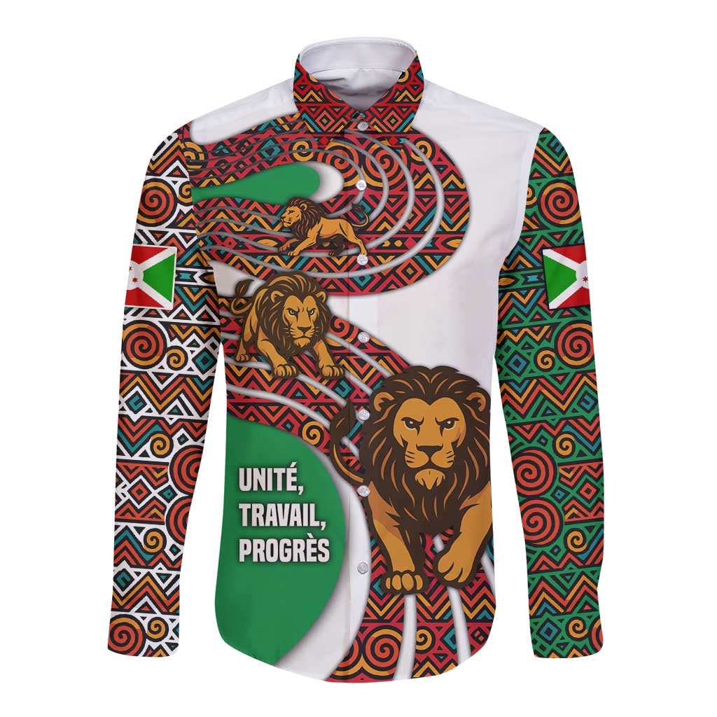 Burundi Lion Tribal Pattern Long Sleeve Button Shirt with National Motto Unité Travail Progrès
