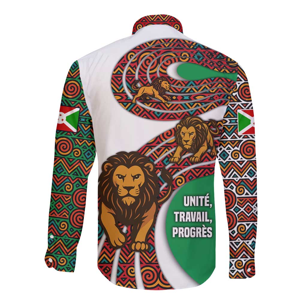 Burundi Lion Tribal Pattern Long Sleeve Button Shirt with National Motto Unité Travail Progrès