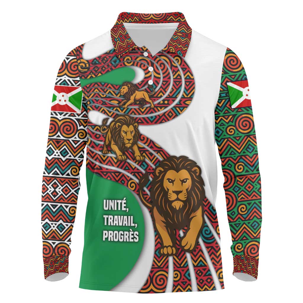 Burundi Lion Tribal Pattern Long Sleeve Polo Shirt with National Motto Unité Travail Progrès