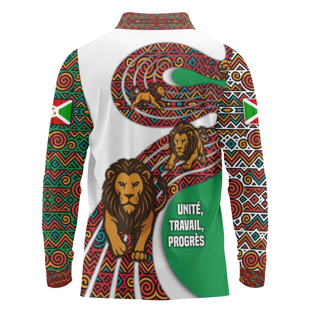 Burundi Lion Tribal Pattern Long Sleeve Polo Shirt with National Motto Unité Travail Progrès