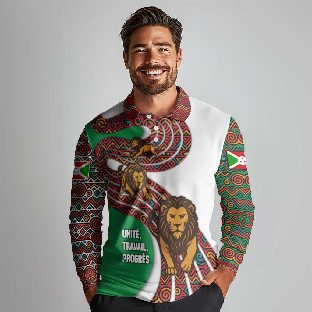 Burundi Lion Tribal Pattern Long Sleeve Polo Shirt with National Motto Unité Travail Progrès
