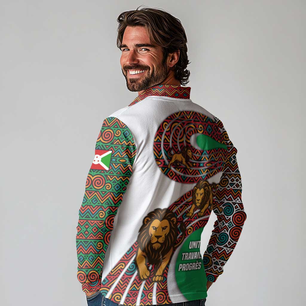 Burundi Lion Tribal Pattern Long Sleeve Polo Shirt with National Motto Unité Travail Progrès