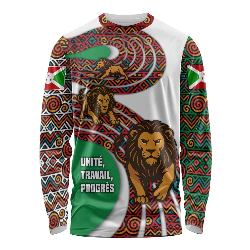 Burundi Lion Tribal Pattern Long Sleeve Shirt with National Motto Unité Travail Progrès