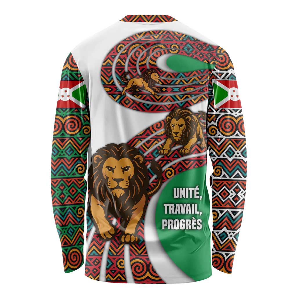 Burundi Lion Tribal Pattern Long Sleeve Shirt with National Motto Unité Travail Progrès