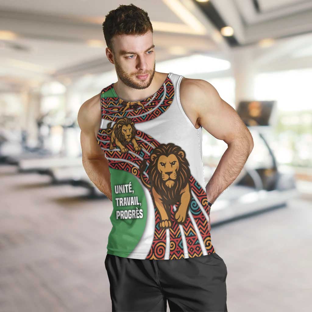 Burundi Lion Tribal Pattern Men Tank Top with National Motto Unité Travail Progrès