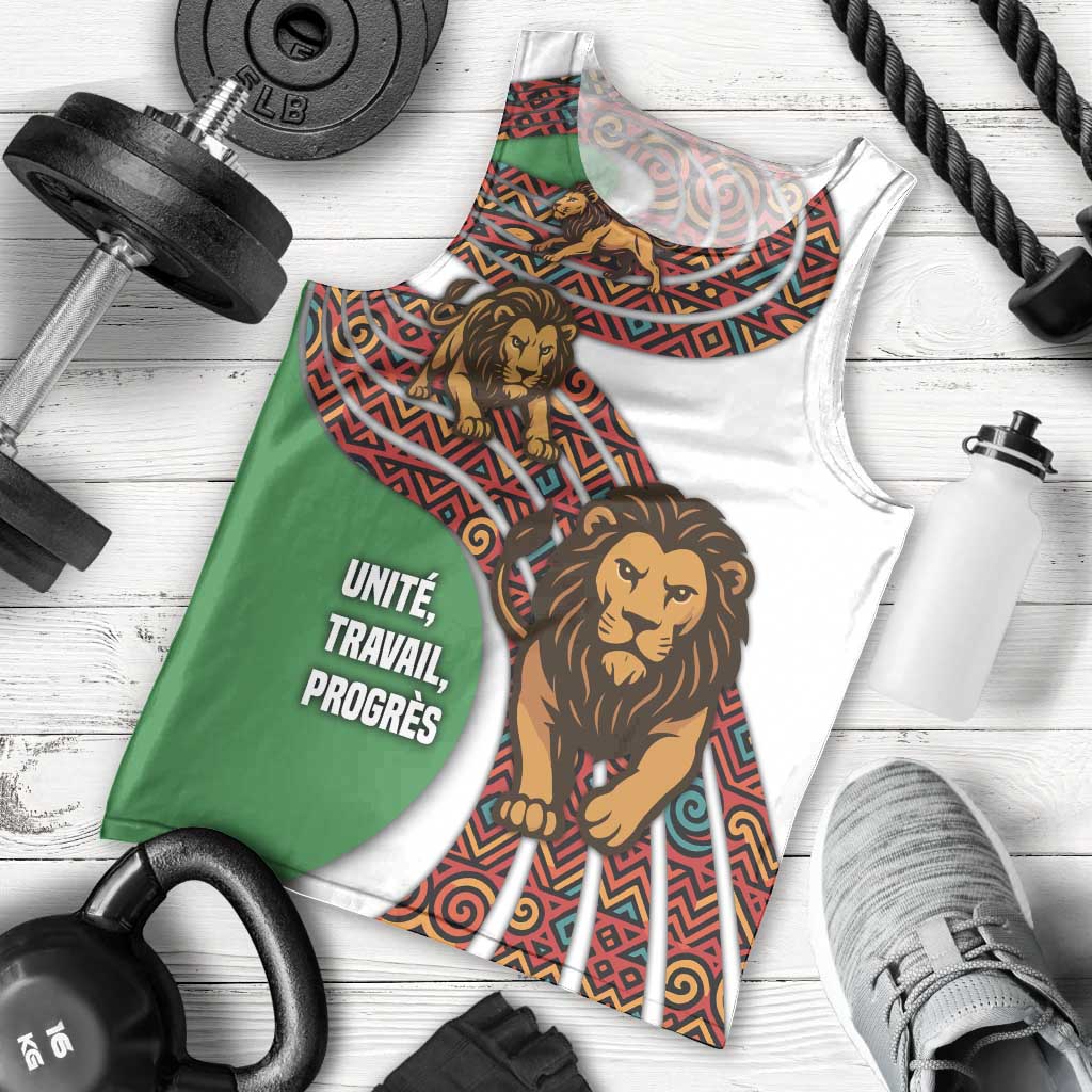 Burundi Lion Tribal Pattern Men Tank Top with National Motto Unité Travail Progrès