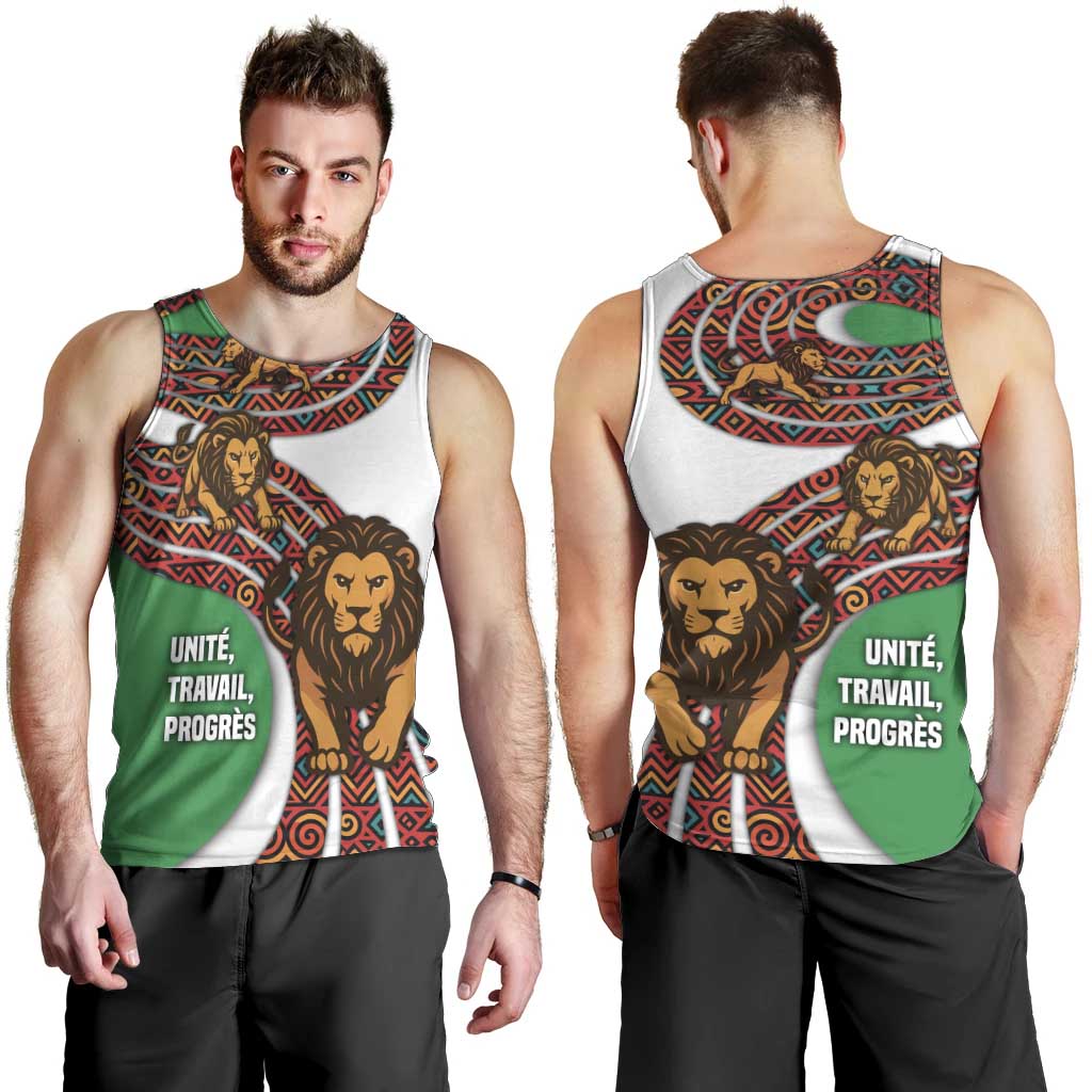 Burundi Lion Tribal Pattern Men Tank Top with National Motto Unité Travail Progrès