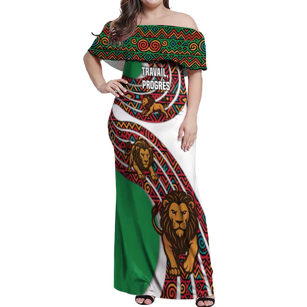 Burundi Lion Tribal Pattern Off Shoulder Maxi Dress with National Motto Unité Travail Progrès
