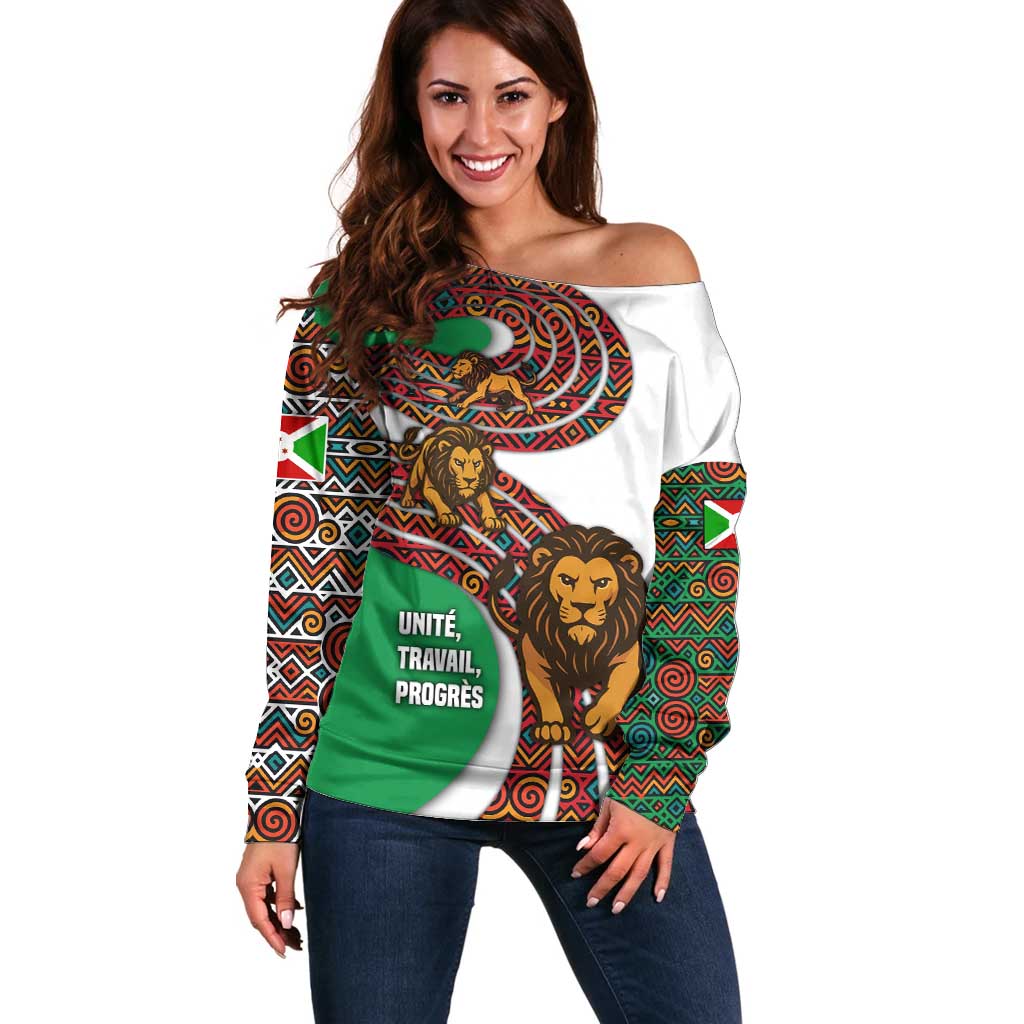 Burundi Lion Tribal Pattern Off Shoulder Sweater with National Motto Unité Travail Progrès