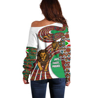 Burundi Lion Tribal Pattern Off Shoulder Sweater with National Motto Unité Travail Progrès