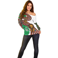 Burundi Lion Tribal Pattern Off Shoulder Sweater with National Motto Unité Travail Progrès
