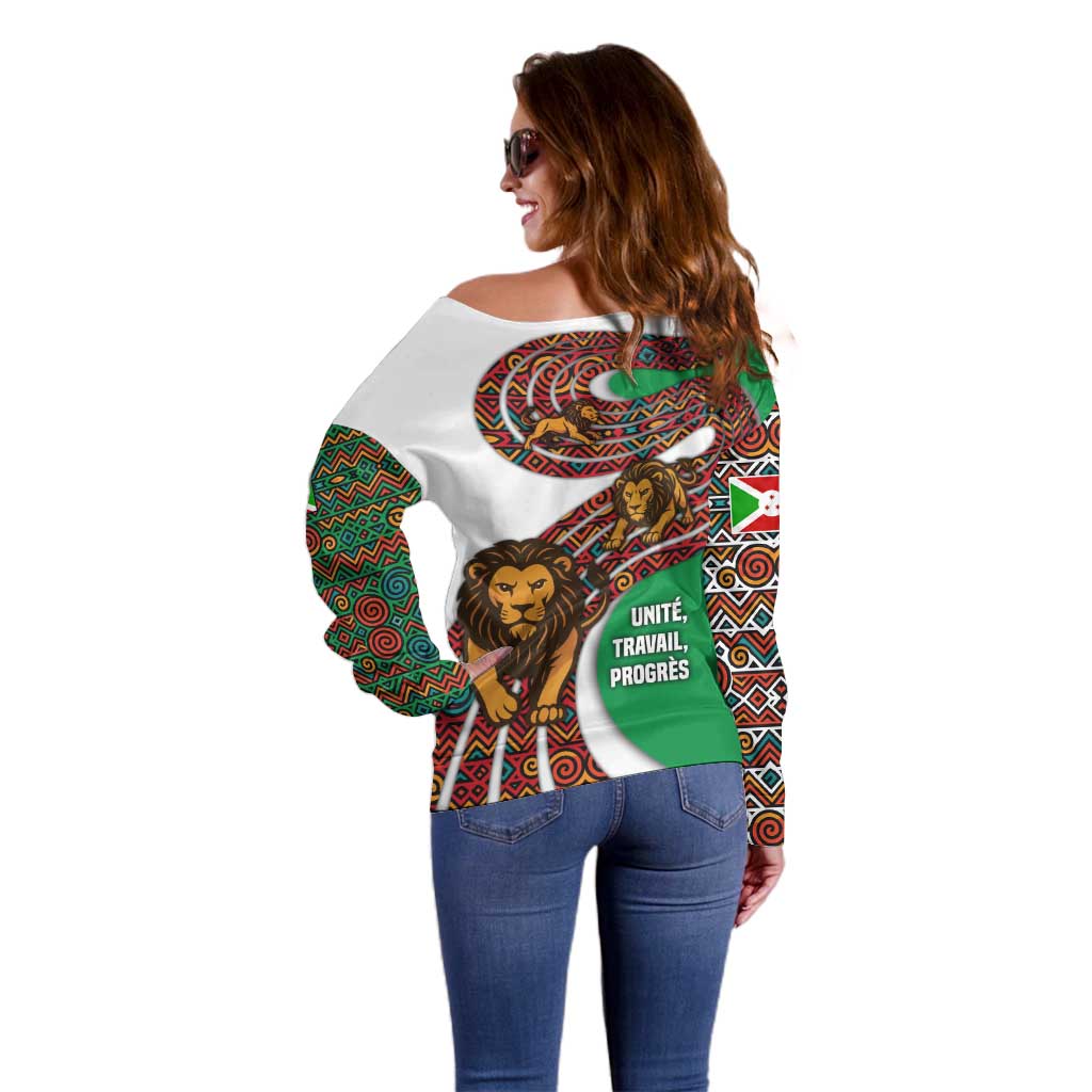 Burundi Lion Tribal Pattern Off Shoulder Sweater with National Motto Unité Travail Progrès