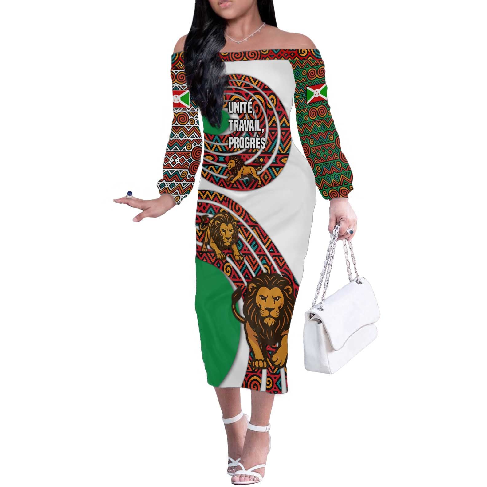 Burundi Lion Tribal Pattern Off The Shoulder Long Sleeve Dress with National Motto Unité Travail Progrès
