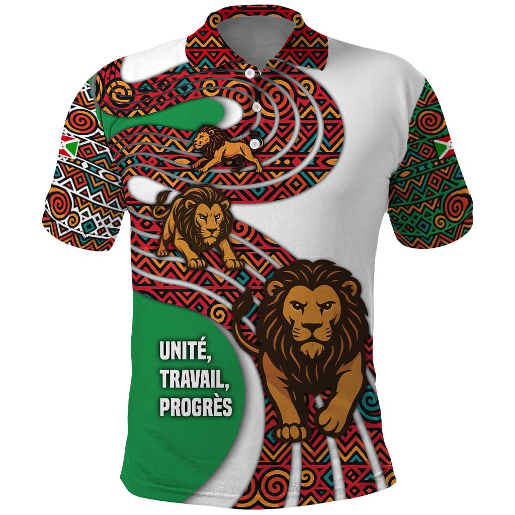 Burundi Lion Tribal Pattern Polo Shirt with National Motto Unité Travail Progrès