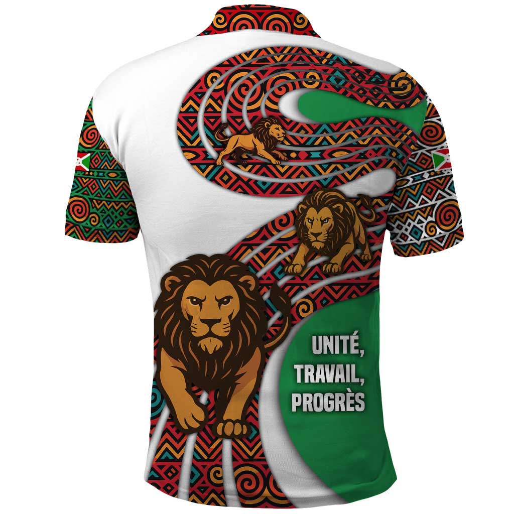 Burundi Lion Tribal Pattern Polo Shirt with National Motto Unité Travail Progrès