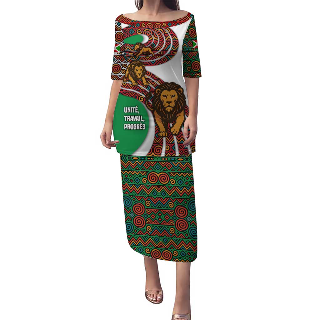 Burundi Lion Tribal Pattern Puletasi with National Motto Unité Travail Progrès