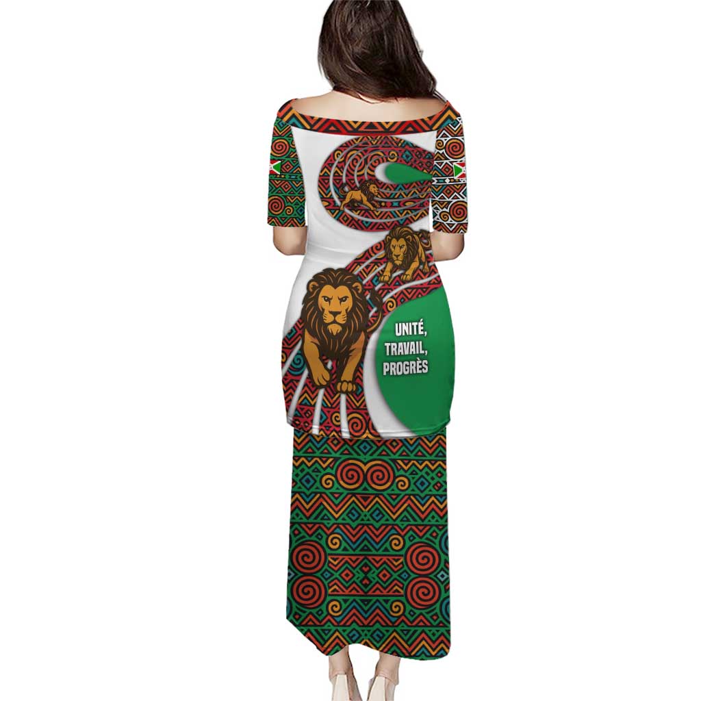 Burundi Lion Tribal Pattern Puletasi with National Motto Unité Travail Progrès