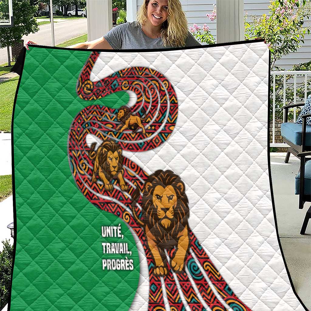 Burundi Lion Tribal Pattern Quilt with National Motto Unité Travail Progrès