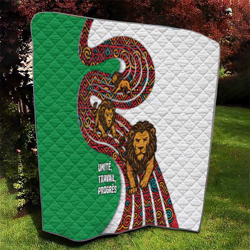 Burundi Lion Tribal Pattern Quilt with National Motto Unité Travail Progrès