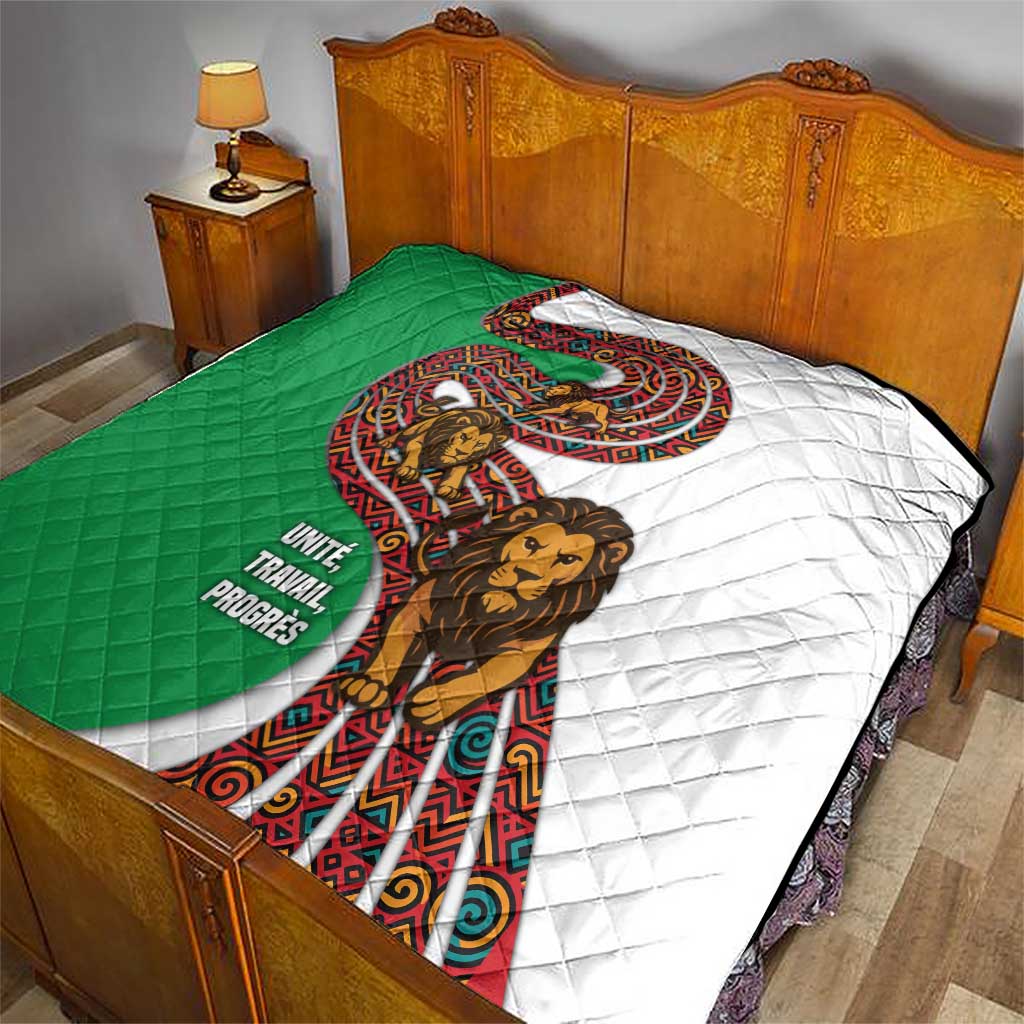 Burundi Lion Tribal Pattern Quilt with National Motto Unité Travail Progrès