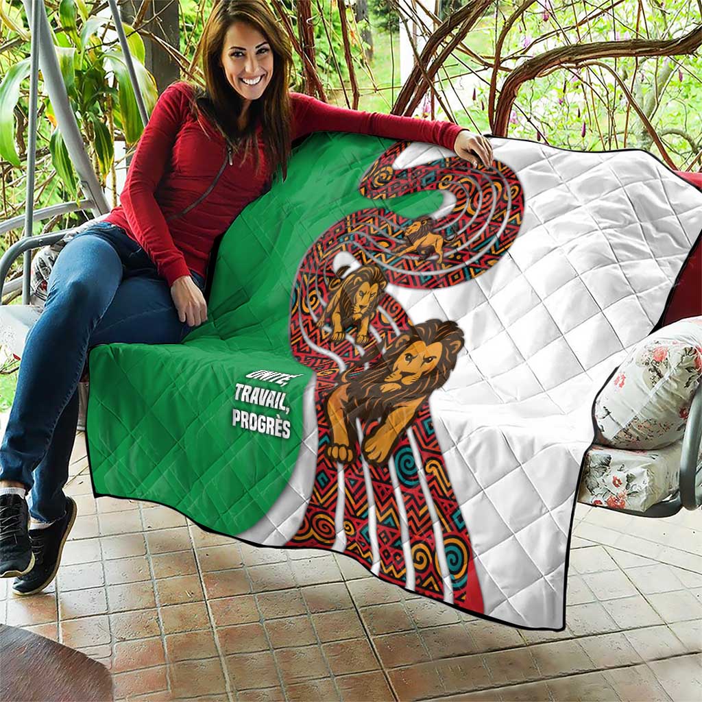 Burundi Lion Tribal Pattern Quilt with National Motto Unité Travail Progrès
