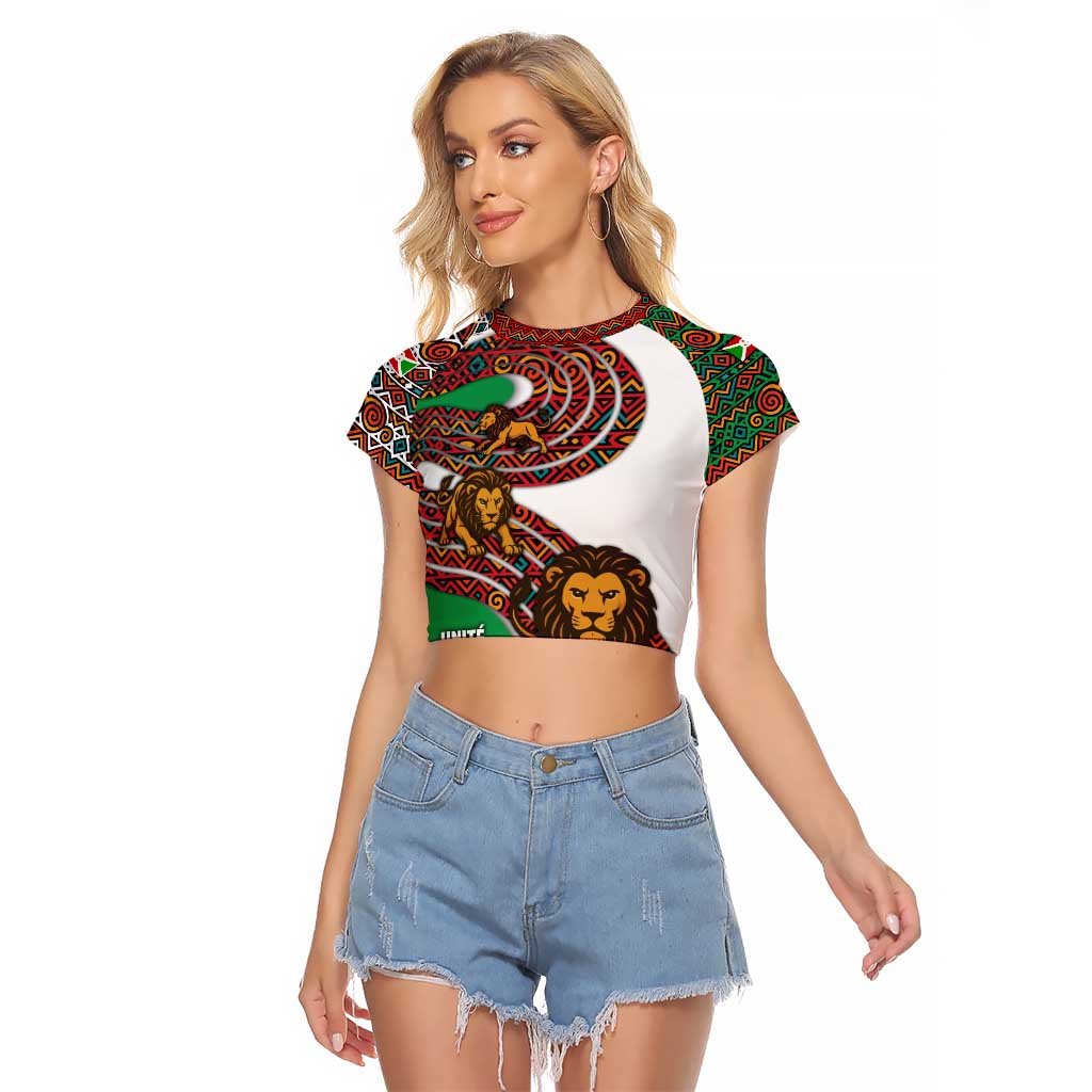 Burundi Lion Tribal Pattern Raglan Cropped T Shirt with National Motto Unité Travail Progrès