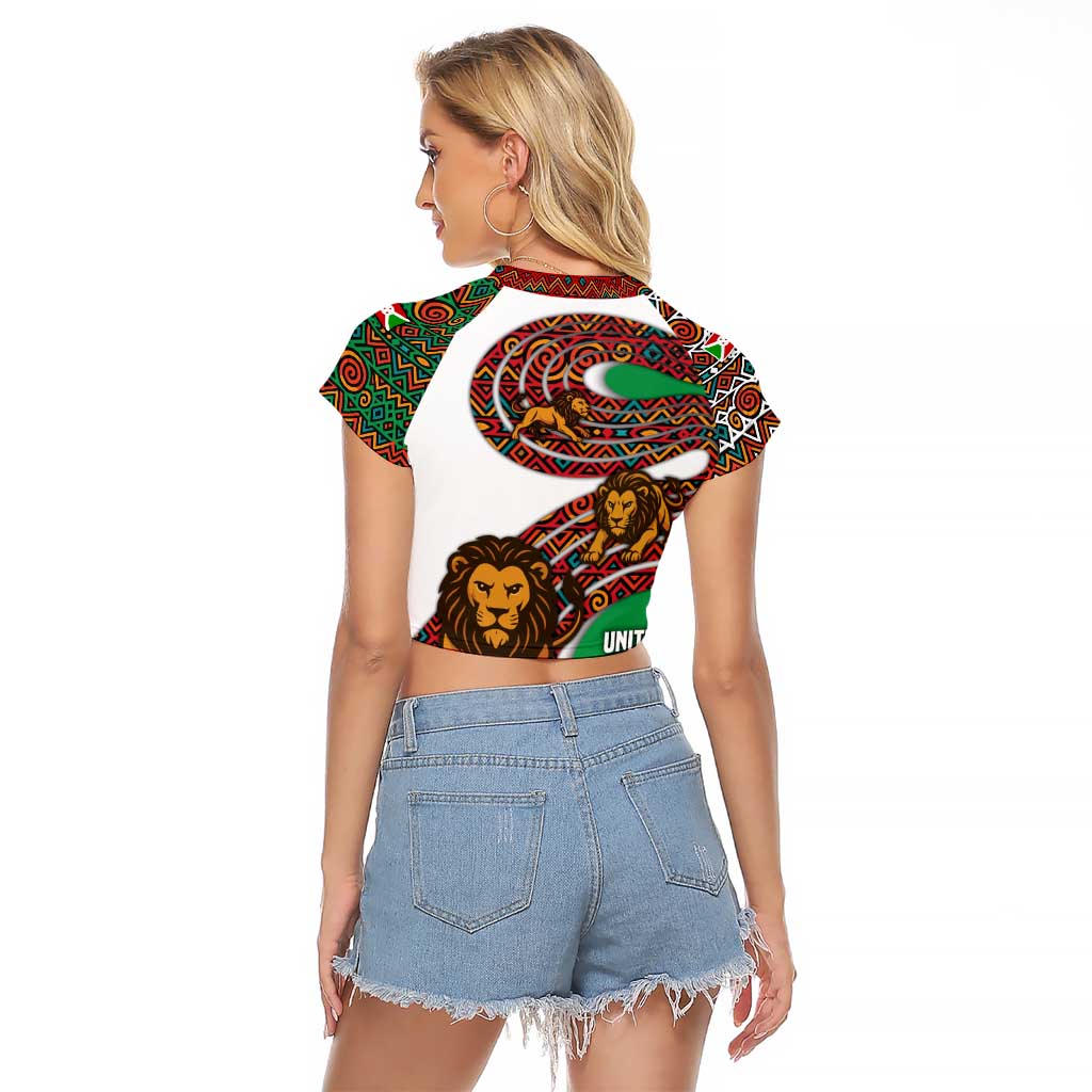 Burundi Lion Tribal Pattern Raglan Cropped T Shirt with National Motto Unité Travail Progrès
