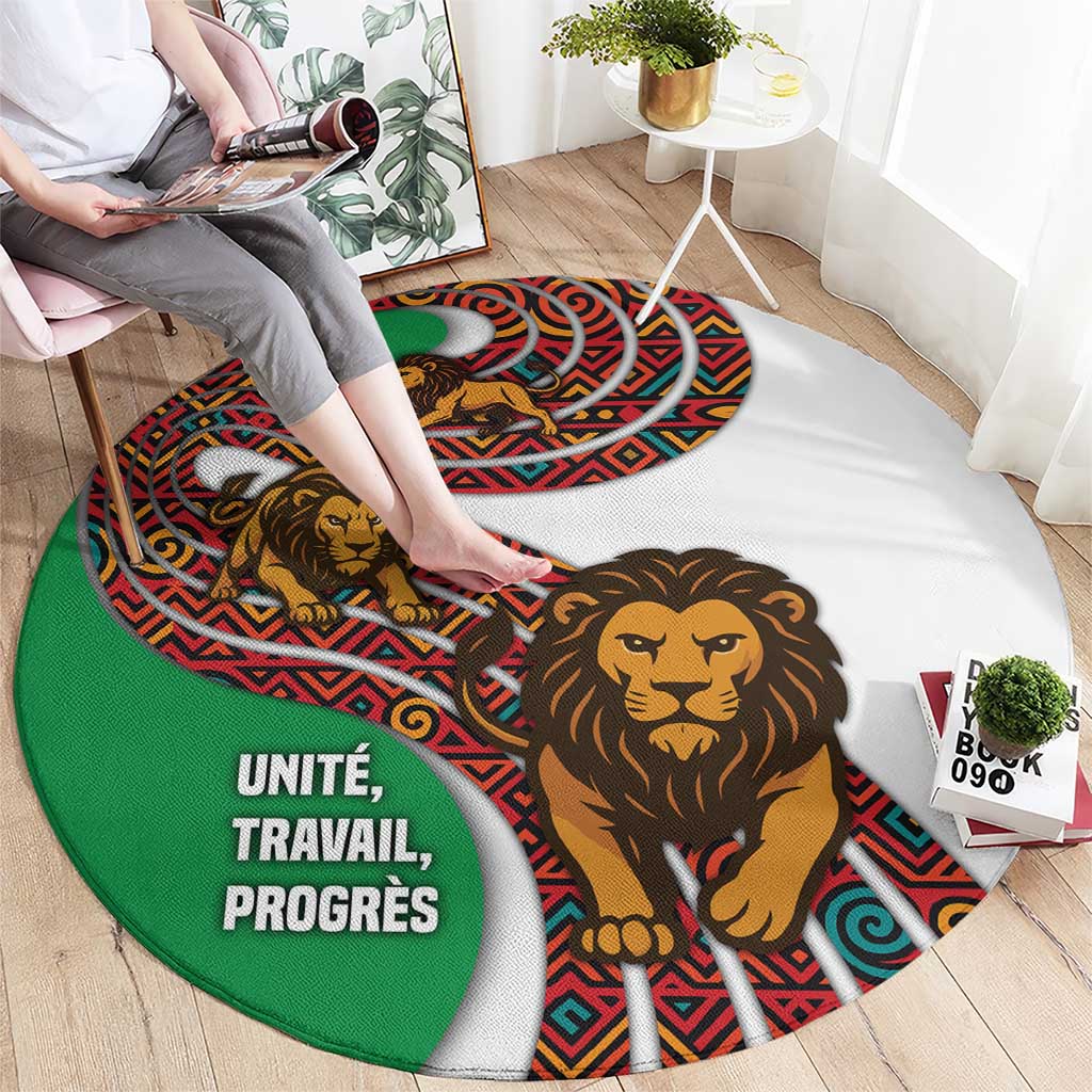 Burundi Lion Tribal Pattern Round Carpet with National Motto Unité Travail Progrès