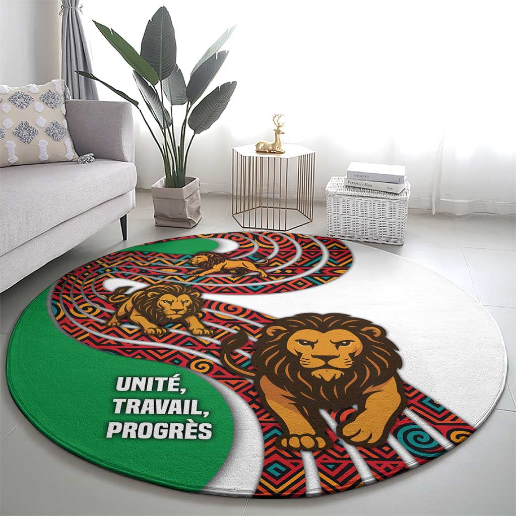 Burundi Lion Tribal Pattern Round Carpet with National Motto Unité Travail Progrès