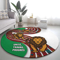 Burundi Lion Tribal Pattern Round Carpet with National Motto Unité Travail Progrès