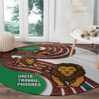 Burundi Lion Tribal Pattern Round Carpet with National Motto Unité Travail Progrès