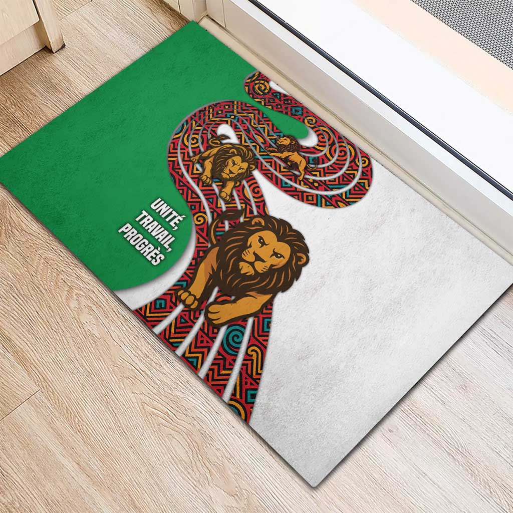 Burundi Lion Tribal Pattern Rubber Doormat with National Motto Unité Travail Progrès