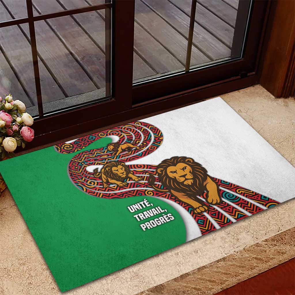 Burundi Lion Tribal Pattern Rubber Doormat with National Motto Unité Travail Progrès