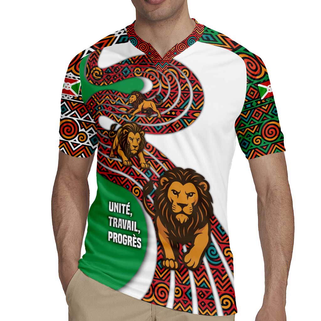 Burundi Lion Tribal Pattern Rugby Jersey with National Motto Unité Travail Progrès