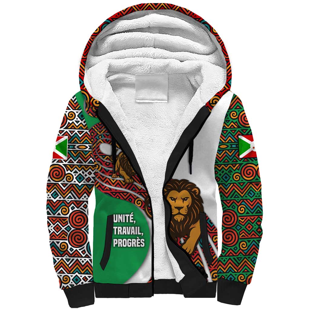 Burundi Lion Tribal Pattern Sherpa Hoodie with National Motto Unité Travail Progrès