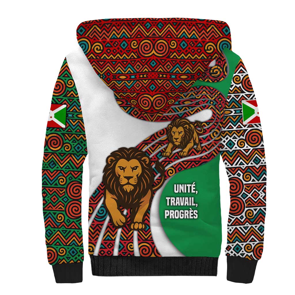 Burundi Lion Tribal Pattern Sherpa Hoodie with National Motto Unité Travail Progrès