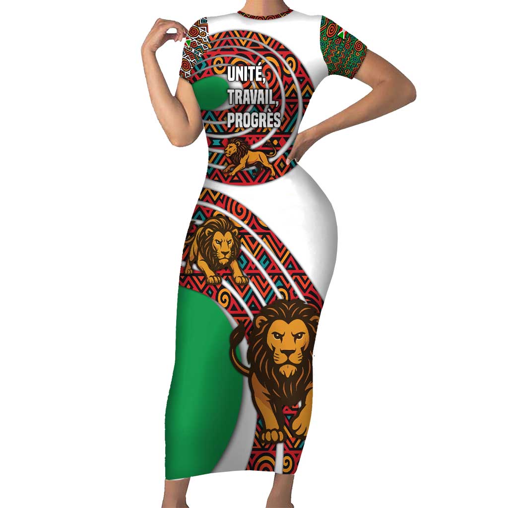 Burundi Lion Tribal Pattern Short Sleeve Bodycon Dress with National Motto Unité Travail Progrès