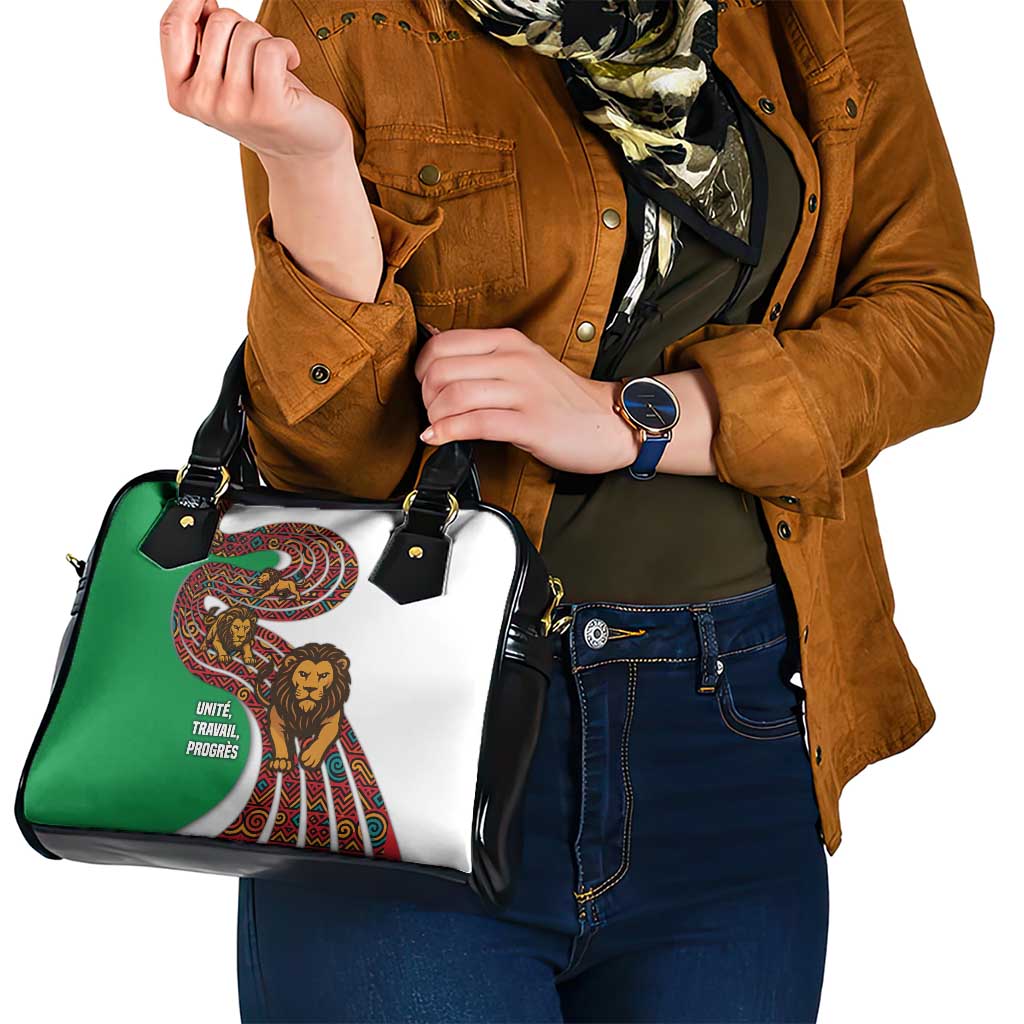 Burundi Lion Tribal Pattern Shoulder Handbag with National Motto Unité Travail Progrès