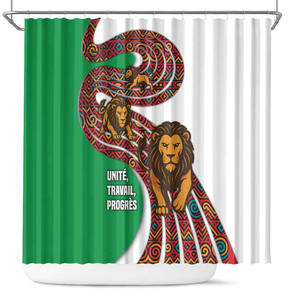 Burundi Lion Tribal Pattern Shower Curtain with National Motto Unité Travail Progrès