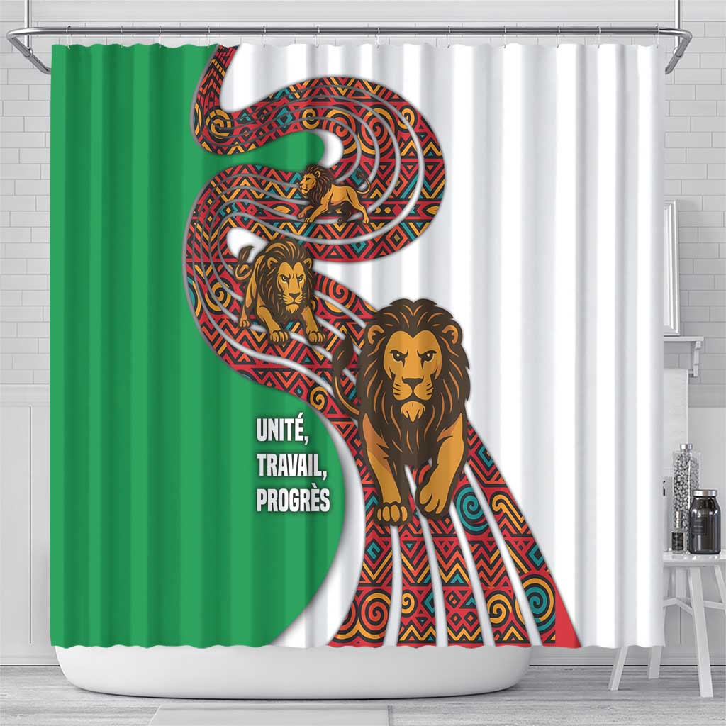 Burundi Lion Tribal Pattern Shower Curtain with National Motto Unité Travail Progrès